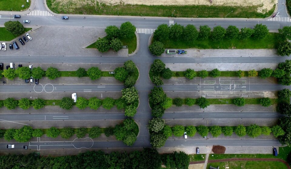 aerial view, cars, nature, design, line, outdoors, parking lot, pavement, road, row, trees, green car, green road, green design, green park