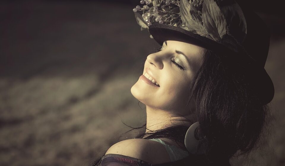 beauty, woman, flower hat, cap, cosmetics, happiness, feeling, hair, hair styling, black hair, brunette, imagination, portrait, face, beautiful, girl, enjoyment of life, young, healthy, smile, happy, pleasure, joyful, wellness, beauty queen, happiness, happiness, imagination, smile, smile, smile, smile, smile, happy, happy, happy, happy
