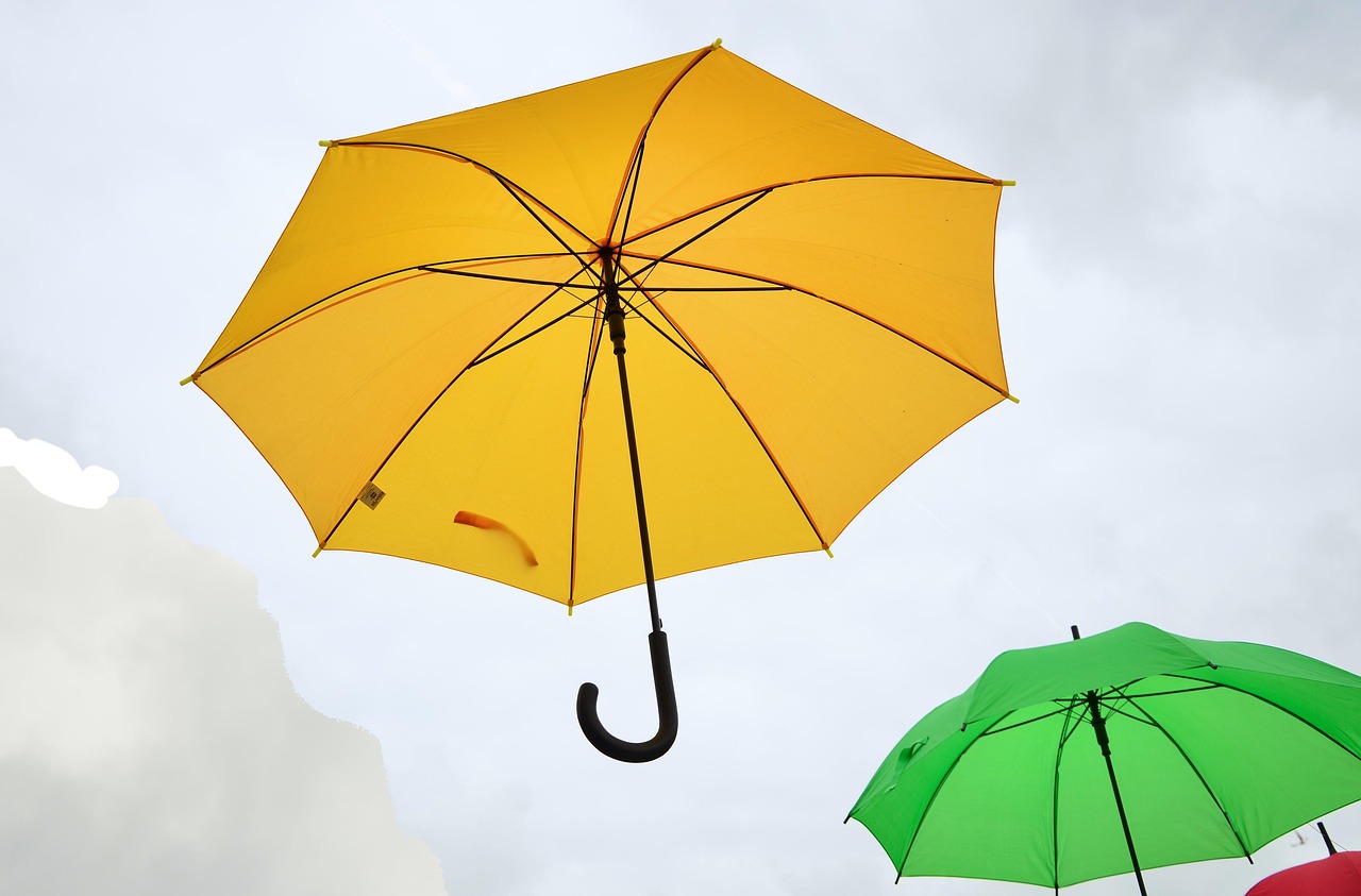 umbrella, heaven, colorful, flying, yellow, stretched, out of the ordinary, shade tree, airy, high, umbrella, umbrella, umbrella, umbrella, umbrella
