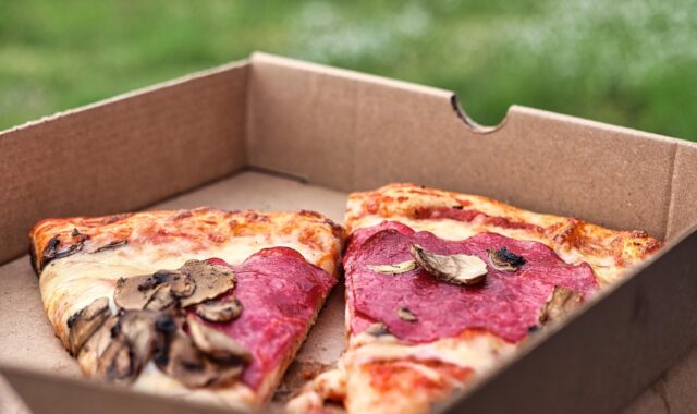 pizza, slice, salami, mushrooms, cheese, box, delivery service, gastronomy, packaging, cardboard