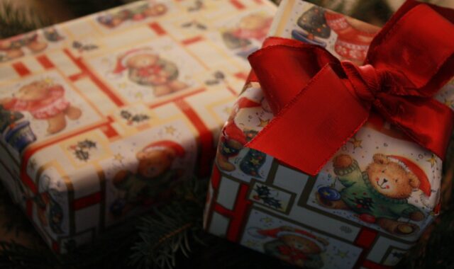 gift, parcel, christmas, wrapping paper, teddy, ribbon, loop, package, packaging, toy
