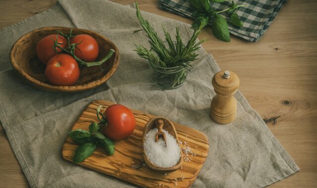 tomatoes, rosemary, basil, salt, pepper, spices, olive wood, wooden block, tablecloth, herb drying, kitchen table, scandinavian style, rustic kitchen, eco cooking, food preservation, modern kitchen, table setting, vegetarian cuisine, home cooking, natural ingredients