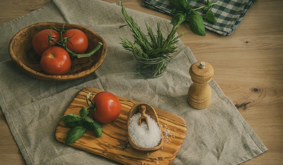 tomatoes, rosemary, basil, salt, pepper, spices, olive wood, wooden block, tablecloth, herb drying, kitchen table, scandinavian style, rustic kitchen, eco cooking, food preservation, modern kitchen, table setting, vegetarian cuisine, home cooking, natural ingredients