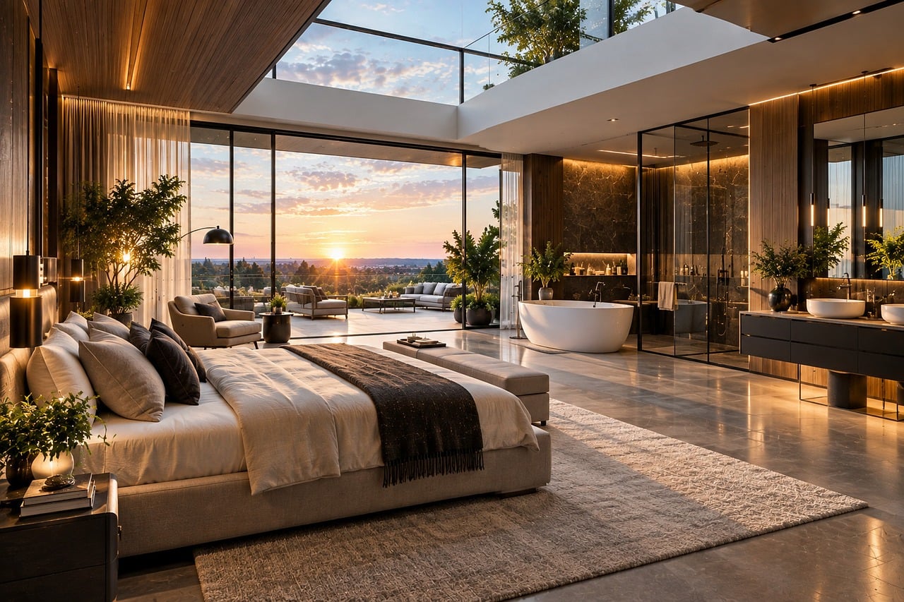 luxury house, modern interior, open plan, natural materials, panoramic windows, contemporary furniture, spacious rooms, sophisticated style, luxury bathroom, designer lighting, bedroom, related architecture, private residence, terrace view, outdoor space, evening view, sunset view, inner terrace, relaxation, good view